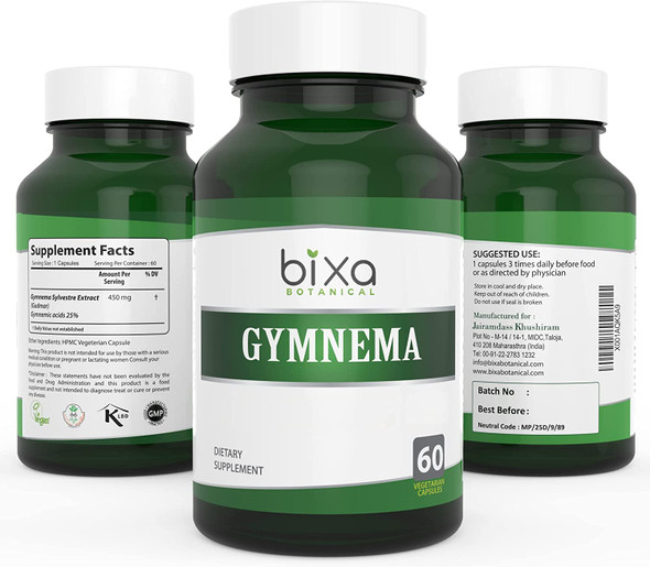 Gymnema Sylvestre Extract with Gymnemic Acids Veg Capsules 60 Count 450mg  Ayurvedic HerbHerbal Supplement by Bixa Botanical