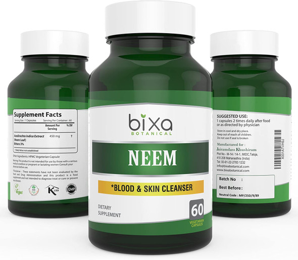 Bixa Botanical Neem Leaf Extract 3 Bitters Veg Capsules Ayurvedic Herb for Blood  Skin Cleanser Herbal Supplement for Low Blood Purification  Immunity Natural AntiSeptic 60 Count 450mg