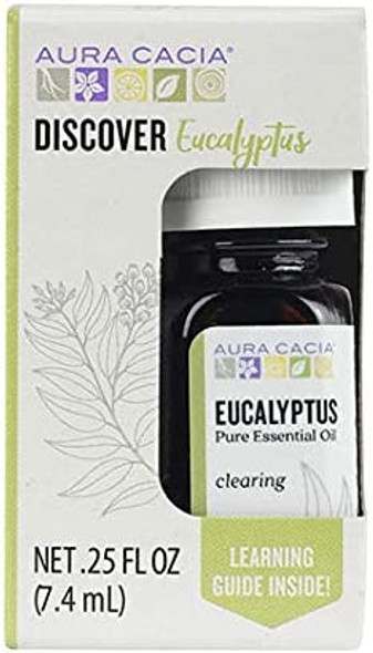 Aura Cacia Discover 100 Pure Eucalyptus Essential Oil  GC/MS Tested for Purity  7.4 ml 0.25 fl. oz. in Box with Uses Insert  Eucalyptus globulus