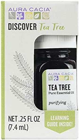 Aura Cacia Discover 100 Pure Tea Tree Essential Oil  GC/MS Tested for Purity  7.4 ml 0.25 fl. oz. in Box with Uses Insert  Melaleuca alternifolia
