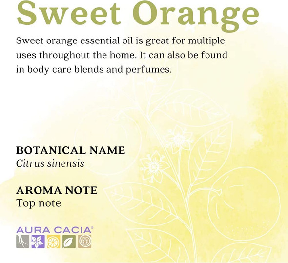 Aura Cacia 100 Pure Sweet Orange Essential Oil  Certified Organic GC/MS Tested for Purity  7.4 ml 0.25 fl. oz.  Citrus sinensis
