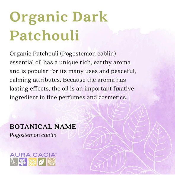 Aura Cacia 100 Dark Patchouli Essential Oil  Certified Organic GC/MS Tested for Purity  7.4 ml 0.25 fl. oz.  Pogostemon cablin