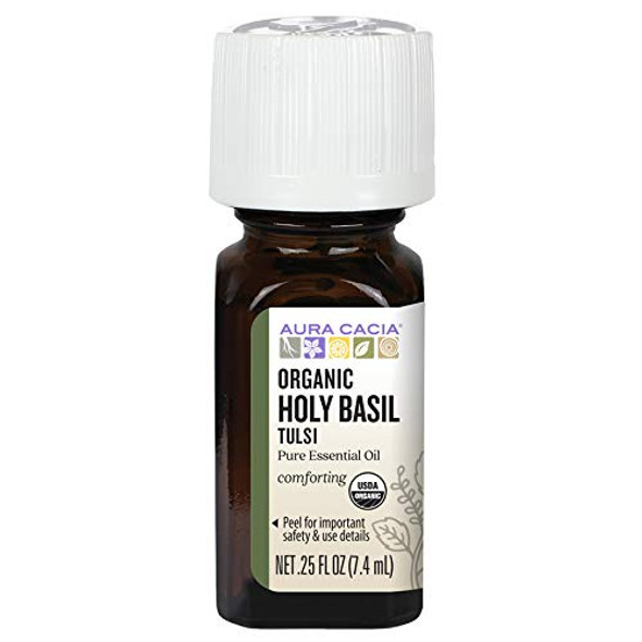 Aura Cacia 100 Holy Basil Tulsi Essential Oil  Certified Organic GC/MS Tested for Purity  7.4 ml 0.25 fl. oz.  Ocimum sanctum