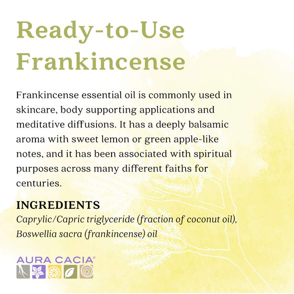 Aura Cacia ReadytoUse Frankincense Essential Oil in Fractionated Coconut Oil  GC/MS Tested for Purity  4 fl. oz.