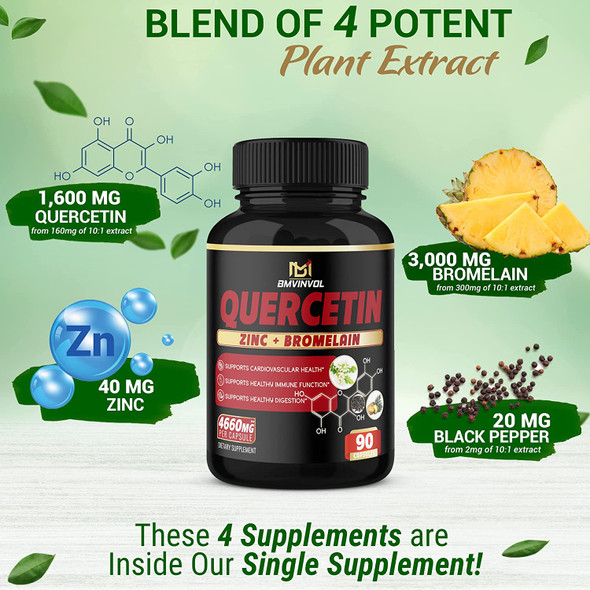 Quercetin Supplement 4660 mg  Supports Cardiovascular Health Immune System and Antioxidant  with Bromelain Black Pepper Extract  3 Months Supply