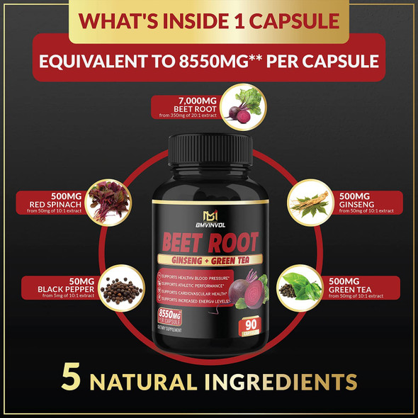Beet Root Extract Capsules 8550mg  Green Tea Red Spinach Ginseng  Supports Athletic Performance Digestive Immune System  3 Months Supply