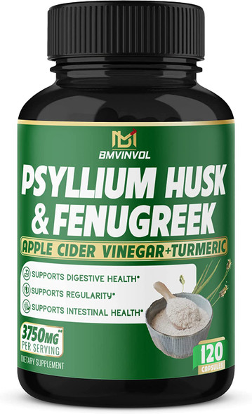 Psyllium Husk Capsules 3750mg  Fenugreek Apple Cider Vinegar Turmeric  Fiber Supplement for Supports Digestive Health  Regularity 120 Count