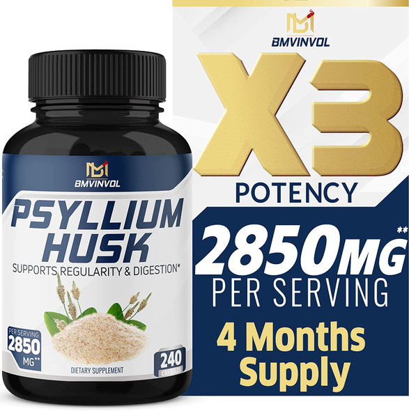 Premium Psyllium Husk Capsules 2850mg  4 Months Supply  Fenugreek Turmeric Ginger  Supports Digestive Health and Regularity  240 Capsules