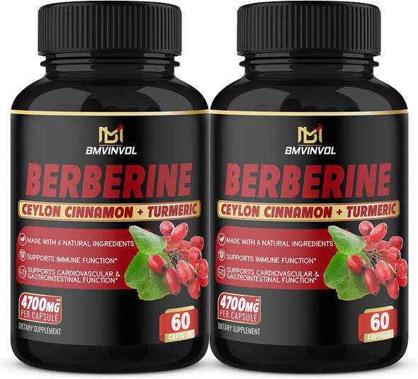 2 Packs Berberine Supplement 4700mg Plus Ceylon Cinnamon Turmeric  120 Capsules  Supports Immune Function  Berberine HCl Supplement Pills  4 Months Supply
