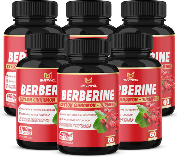 6 Packs Berberine Supplement 4700mg  12 Months Supply  High Potency with Ceylon Cinnamon Turmeric Curcumin  Cardiovascular Gastrointestinal Immune Support  Berberine HCl Supplement Pills