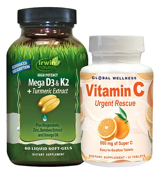 IRWIN NATURALS High Potency Mega D3 & K2 + Turmeric Extract 60ct + Vitamin C 30ct Bonus Pack