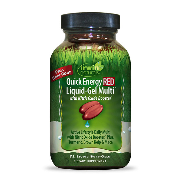 Irwin Naturals Quick Energy Red Liquid-Gel Multi With Nitric Oxide Booster - High Potency Multivitamin, Multi-Mineral Nutrient Support - Super Foods, Maca, Beet, Turmeric & More - 72 Liquid Softgels