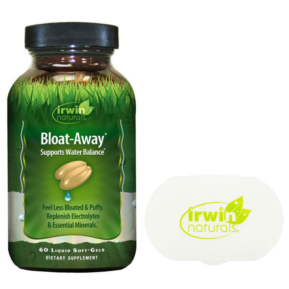 Irwin Naturals Bloat-Away Relief Water Balance Support Replenish Electrolytes & Essential Minerals - 60 Soft-Gels - Bundle with a Pill Case