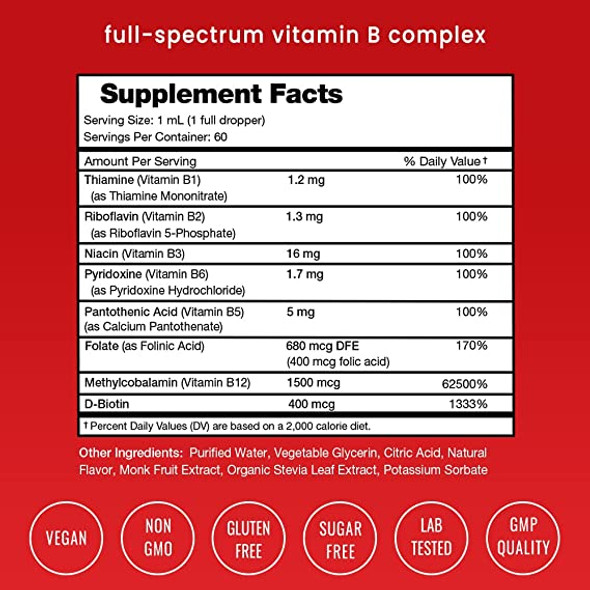 Vitamin B Complex Liquid Drops | B Vitamins Complex Supplement with B1, B2, B3, B6, B7, B9 & Methyl B12 Drops for Adults & Kids | Vegan Berry Flavor 2oz | 60 Servings / 2 Month Supply