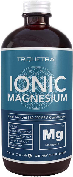 Ionic Liquid Magnesium 96 Servings Highest Absorption Magnesium Chloride Picometer Particle Size Glass Bottle Ionically Charged Same Form of Magnesium Found in Vegetables 8 oz.
