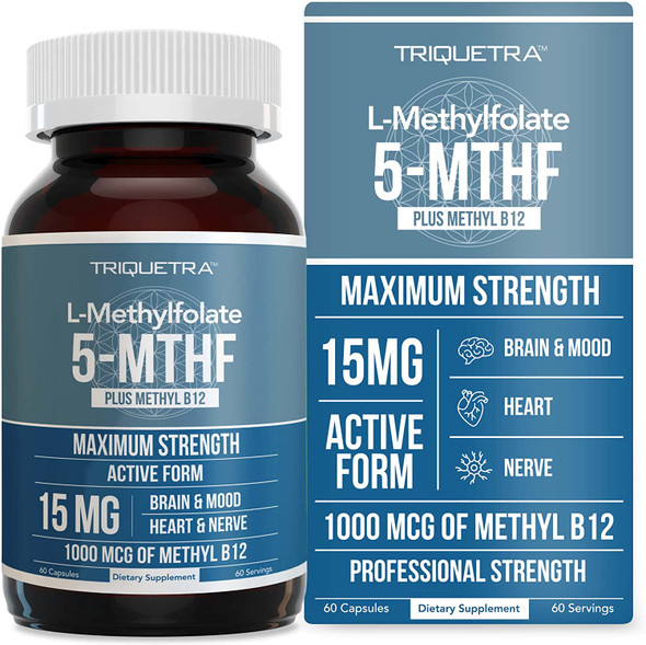 L Methyl Folate 15mg Plus Methyl B12 Cofactor  Professional Strength Active 5MTHF Form  Supports Mood Homocysteine Methylation Cognition 60 Capsules