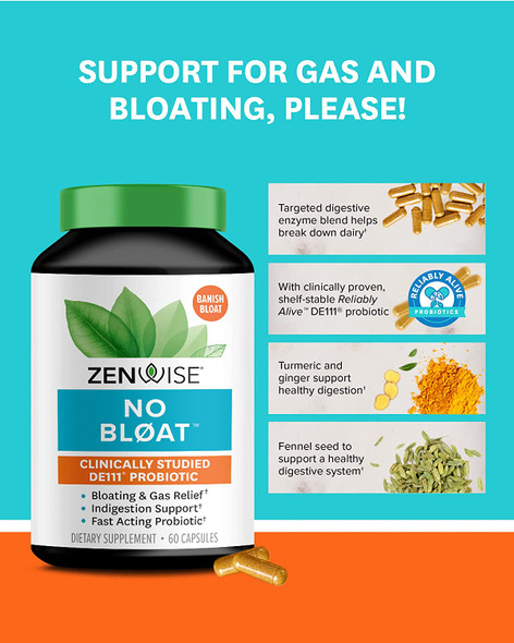 Zenwise No Bloat Supplement with Probiotics Turmeric and Digestive Enzymes  Bloating and Gas Relief  Ginger Dandelion and Cinnamon to Improve Digestion for Women  Men  Vegan Formula  60 Count