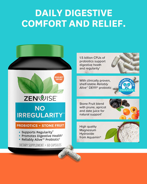 Zenwise No Irregularity Magnesium Vegan Probiotics  Constipation Protection and Digestive Relief with Prune Apricot and Date Juice for Women and Mens Digestive and Immune Health  60 Count