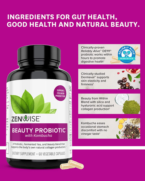 Zenwise Probiotics  Beauty from Within  Vegan Natural Collagen Support Hyaluronic Acid Fine Line and Wrinkle Repair Digestive Health for Women  60 Capsules