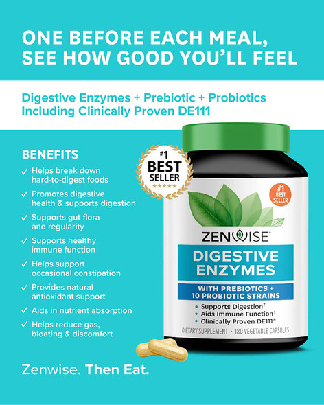 Zenwise Digestive Enzymes Plus Prebiotics  Probiotics Supplement 180 Servings Vegan Formula for Better Digestion  Lactose Absorption with Amylase  Bromelain 2 Month Supply