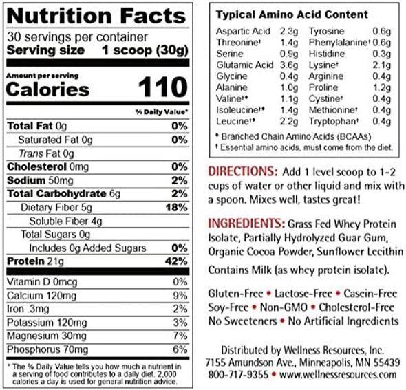 Daily Protein Plus Chocolate  Grass Fed Pasture Raised Bioactive Whey Protein Isolate with Guar Fiber and Organic Cocoa  No Sweeteners SoyFree GlutenFree 2 lb.