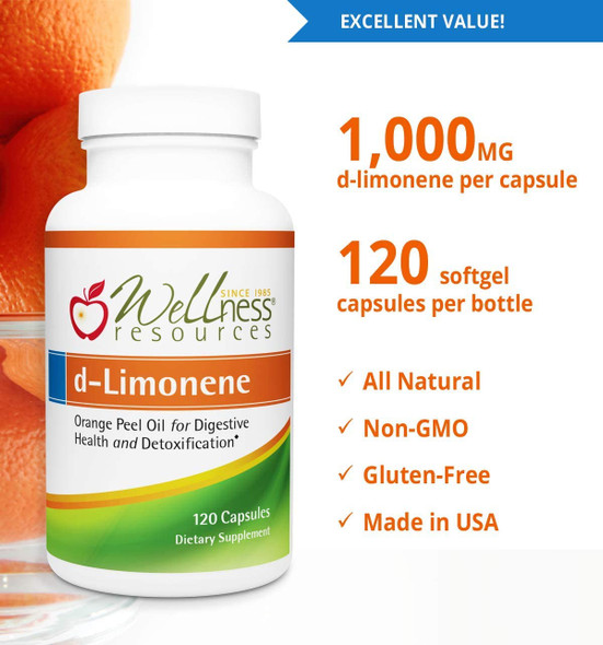 High Potency dLimonene Capsules 1000mg 120 Capsules Orange Peel Extract for Digestive Health Heartburn Acid Reflux Detoxification