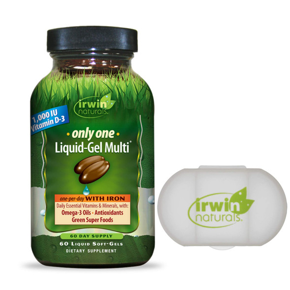 Irwin Naturals Only One Liquid-Gel Multivitamin with Iron + Omega-3 Oils, Antioxidants, Green Super Foods - 60 Liquid Softgels Bundle with a Pill Case