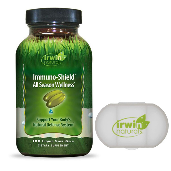 Irwin Naturals Immune Support Supplement Immuno Shield with Vitamin C, Zinc , 100 Liquid Softgels Bundle with a Pill Case