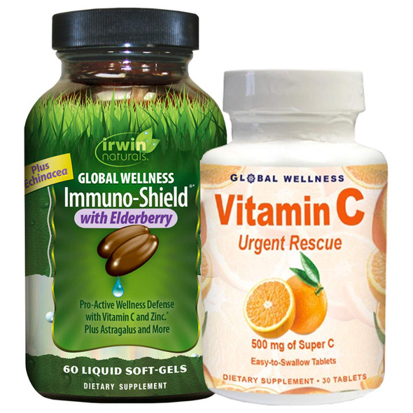 IRWIN NATURALS Global Wellness Immuno-Shield™ with Elderberry 60ct + Vitamin C 30ct Bonus Pack