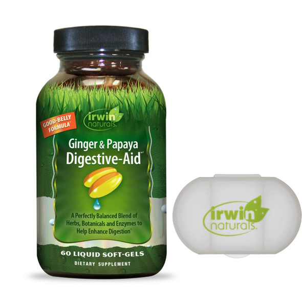 Irwin Naturals Ginger & Papaya Digestive-Aid Blend of Herbs, Botanicals and Enzymes for Digestion Support - 60 Liquid Softgels Bundle with a Pill Case
