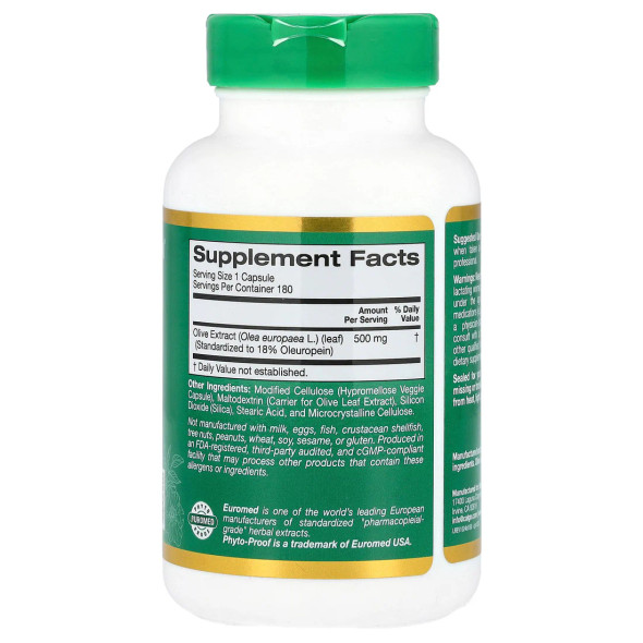 California Gold Nutrition Olive Leaf Extract, EuroHerbs, European Quality, 500 mg, 180 Veggie Capsules
