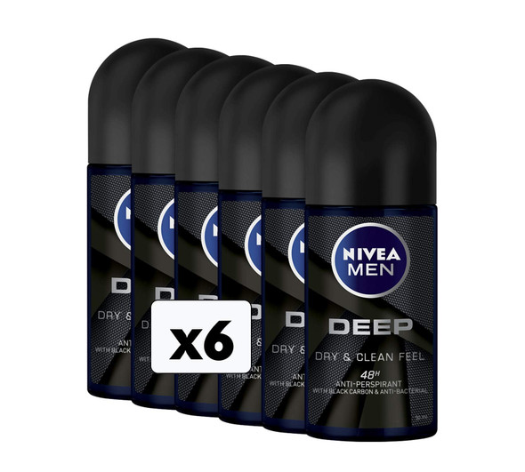 NIVEA Men Deep Deodorant Roll-On, 6 Packs of 50 ml - 300 ml