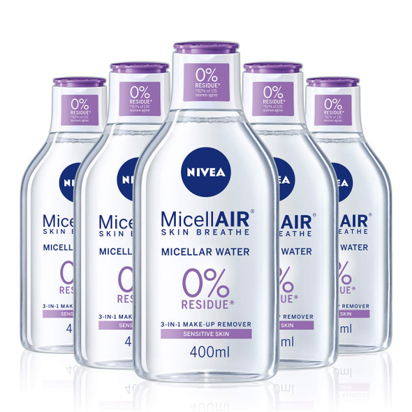 NIVEA MicellAIR Micellar Water Pack of 5 (5 x 400 ml), 3-in-1 Sensitive Make Up Remover, Micellar Cleaning Water, Gentle Moisturiser for Women with Almond Oil