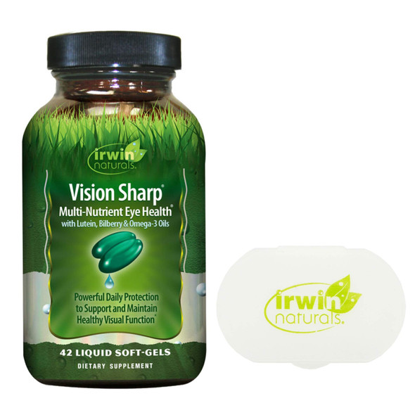 Irwin Naturals Vision Sharp Multi-Nutrient Eye Health Supplement, 42 Liquid Softgels Bundle with a Irwin Naturals Pill Case