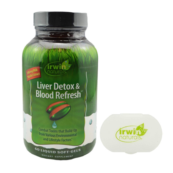 Irwin Naturals Liver Detox & Blood Refresh with Milk Thistle for Liver Support, 60 Softgels Bundle with a Pill Case