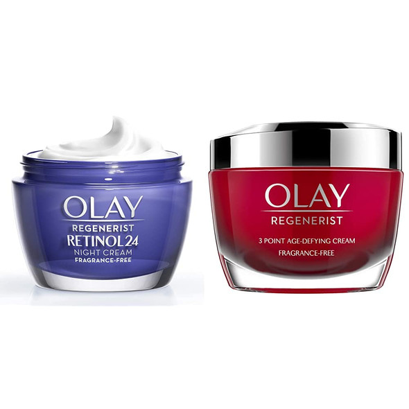 Olay Regenerist Retinol24 Night Face Cream Moisturiser With Retinol and Vitamin B3 50 ml, Fragrance & Regenerist 3 Point Face Cream with Hyaluronic Acid, Fragrance Free, 50 ml