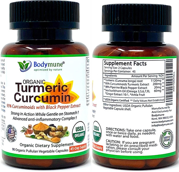 USDA Organic Turmeric Curcumin for Sensitive Stomach 45-Day Supply Organic Turmeric Supplement with Black Pepper Sea Buckthorn Oil Ginger and Amla