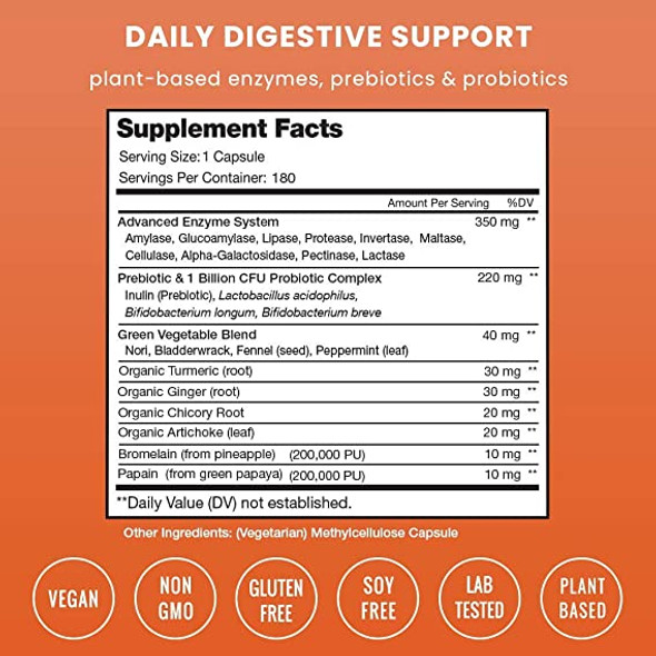 Digestive Enzymes with Probiotics and Prebiotics | 180 Servings, Vegan Digestion Supplement with Bromelain | Bloating Relief for Women & Men | Relieve Constipation, Gas, IBS, Lactose Intolerance Pills