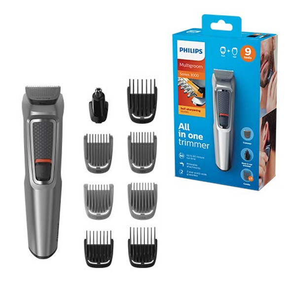 Philips 9-in-1 All-In-One Trimmer, Series 3000 Grooming Kit for Beard & Hair with 9 Attachments, Including Nose Trimmer, Self-Sharpening Blades, UK 3-Pin Plug - MG3722/33