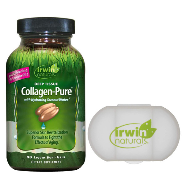 Irwin Naturals Deep Tissue Collagen-Pure Intense Skin Nourishment Aging Skin Revitalization with Hydrating Coconut Water Evening Primrose Oil - 80 Liquid Soft-Gels - Bundle with a Pill Case
