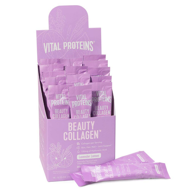 Vital Proteins Beauty Collagen Peptides Powder Supplement for Women, 120mg of Hyaluronic Acid - Enhance Skin Elasticity & Hydration, 12g of Collagen Per Serving, Lavender Lemon - Stick Packs 14ct