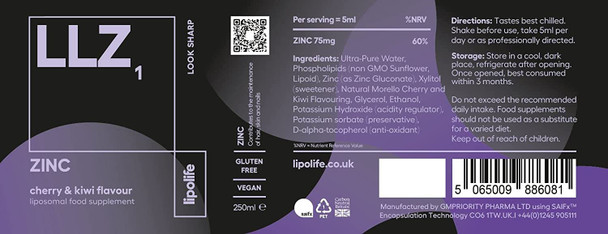 LLZ1  liposomal Zinc  Cherry  Kiwi Flavour  250ml  lipolife