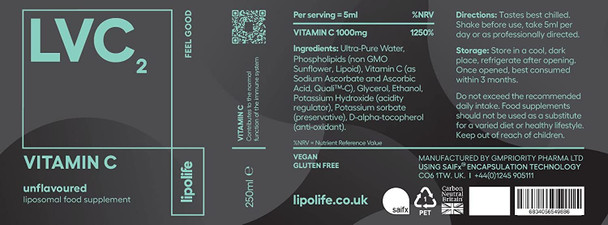 LVC2 liposomal Vitamin C 250ml  Phospholipids from Sunflower Lecithin. Made in The UK by liposomal Experts  lipolife Double Pack