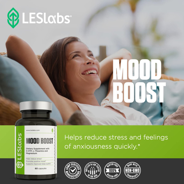 LES Labs Mood Boost  Stress Relief Mood Support Deep Relaxation  Improved Sleep  5HTP Ashwagandha Rhodiola Rosea Magnesium LTheanine  GABA  60 Capsules