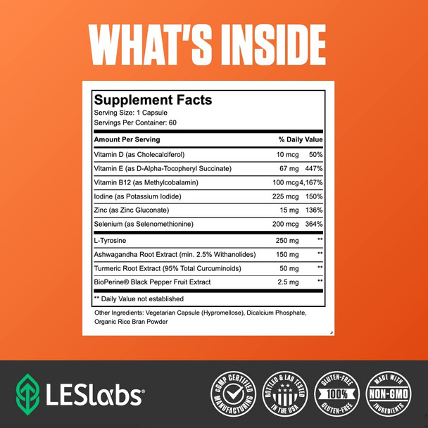 LES Labs Thyroid Support  Metabolic Health Thyroid Hormone Production Energy  Focus  Iodine LTyrosine Ashwagandha Selenium  Turmeric  60 Capsules