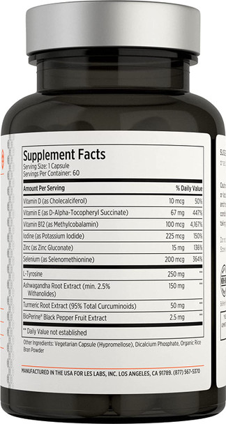 LES Labs Thyroid Support  Metabolic Health Thyroid Hormone Production Energy  Focus  Iodine LTyrosine Ashwagandha Selenium  Turmeric  60 Capsules