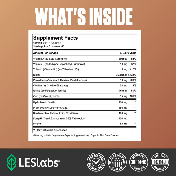 LES Labs Hair Health  Hair Growth Supplement Improved Thickness Strength  Fullness  Keratin Biotin Pumpkin Seed  MSM  60 Capsules