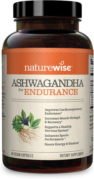 NatureWise Ashwagandha for Endurance Adaptogen Adrenal Support Supplement with KSM66 Vitamins Ginseng  Green Tea Extract Packaging May Vary Light Brown 60 Count