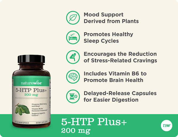 NatureWise 5HTP Puls  Potency 200mg Mood Support Natural Sleep Aid Promotes a Normal Weight EasytoDigest Delayed Release Capsules Enhanced w/ Vitamin B6 NonGMO 2 Month Supply  60 Count