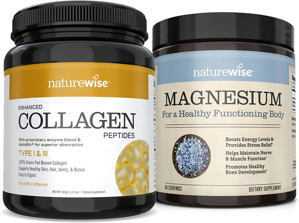 NatureWise Enhanced Collagen Peptides  Magnesium Powder Bundle for Healthy Hair Skin Nails Joints Muscle Function Bone Density Sleep Support